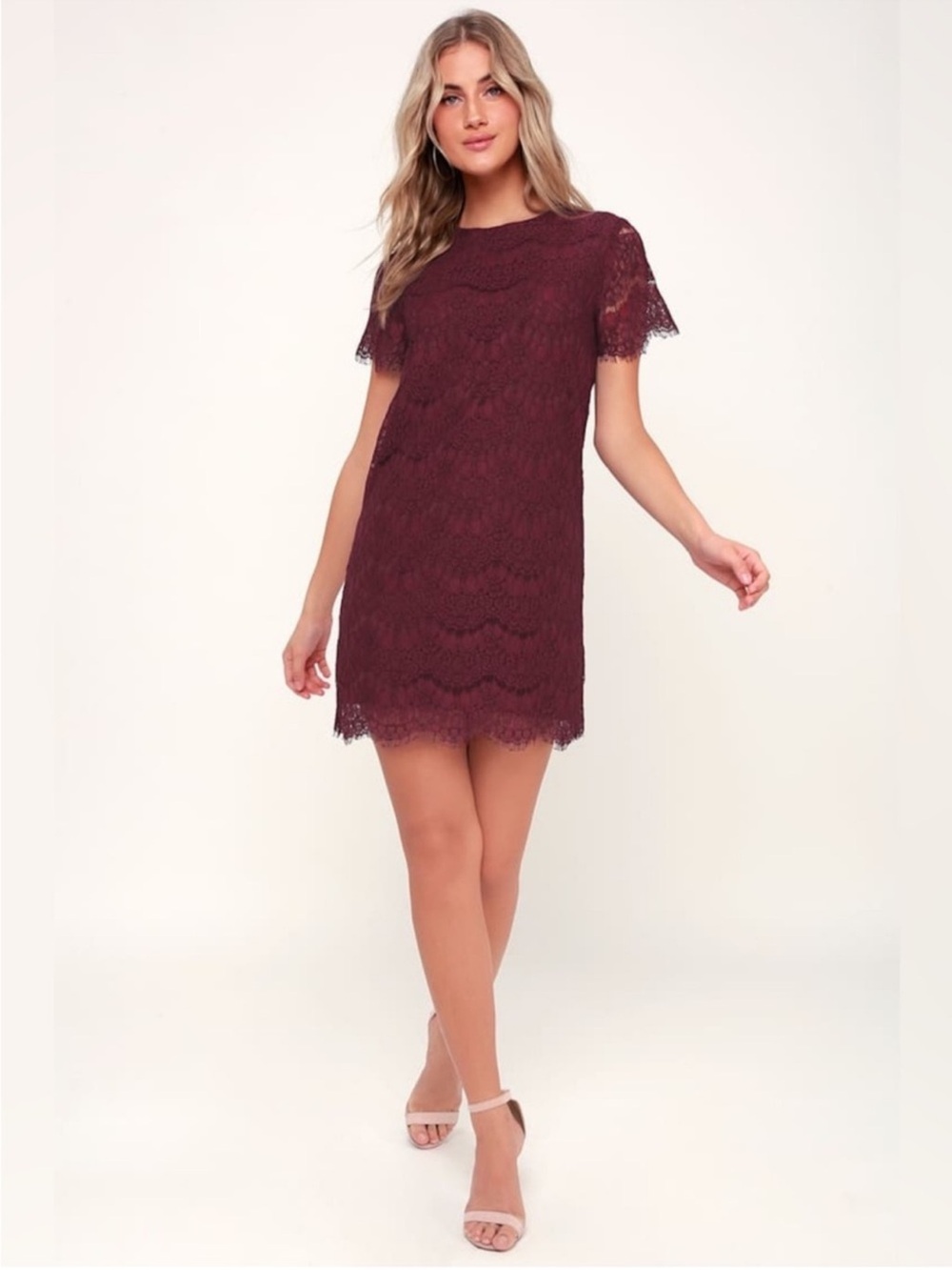 Lulu's Burgundy Lace Mini Dress NWT Size Medium Short Sleeve Shift Romantic